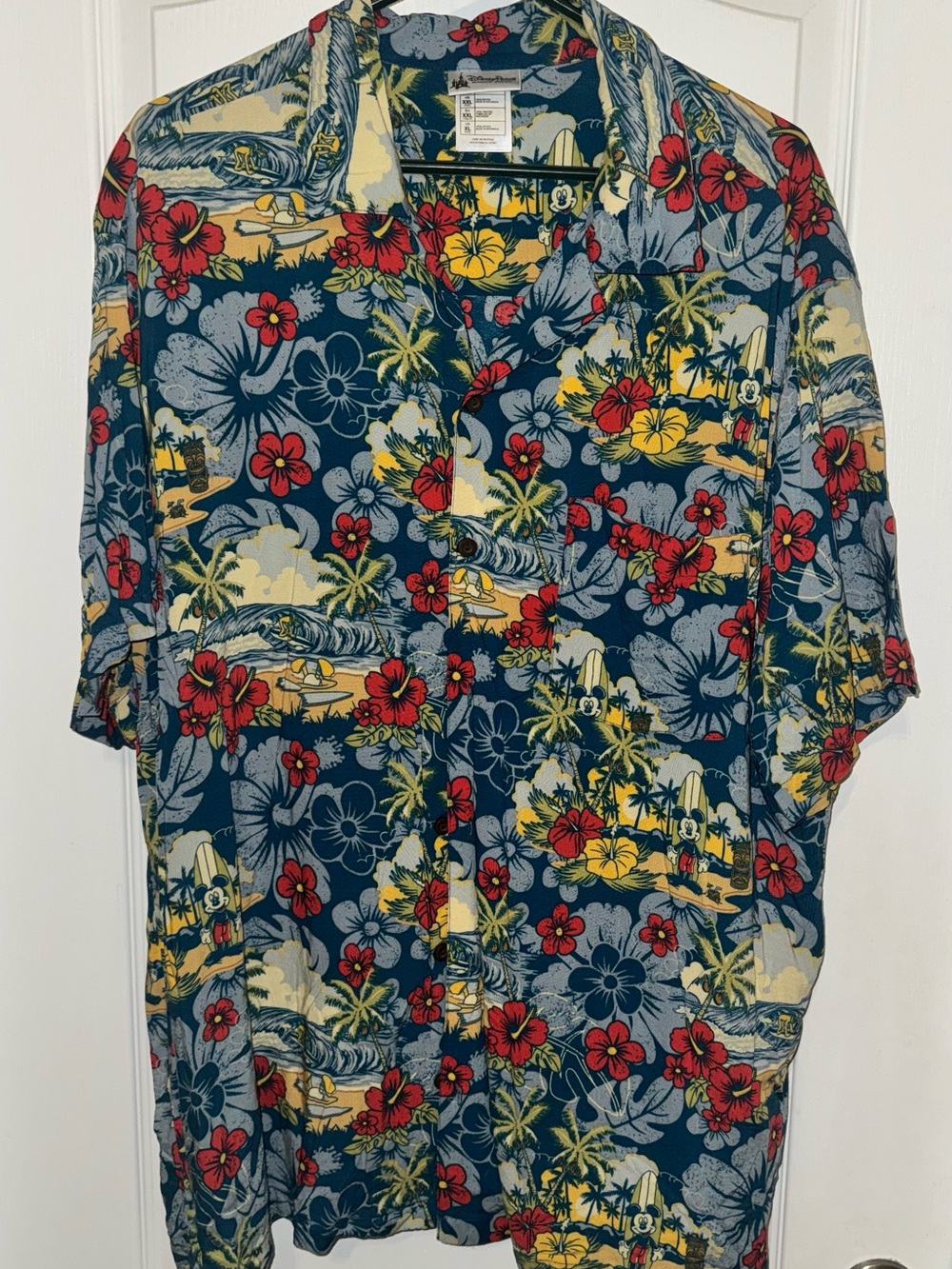 Vintage-Style Disney Parks Navy Floral Hawaiian Shirt - Mickey Mouse Surfer